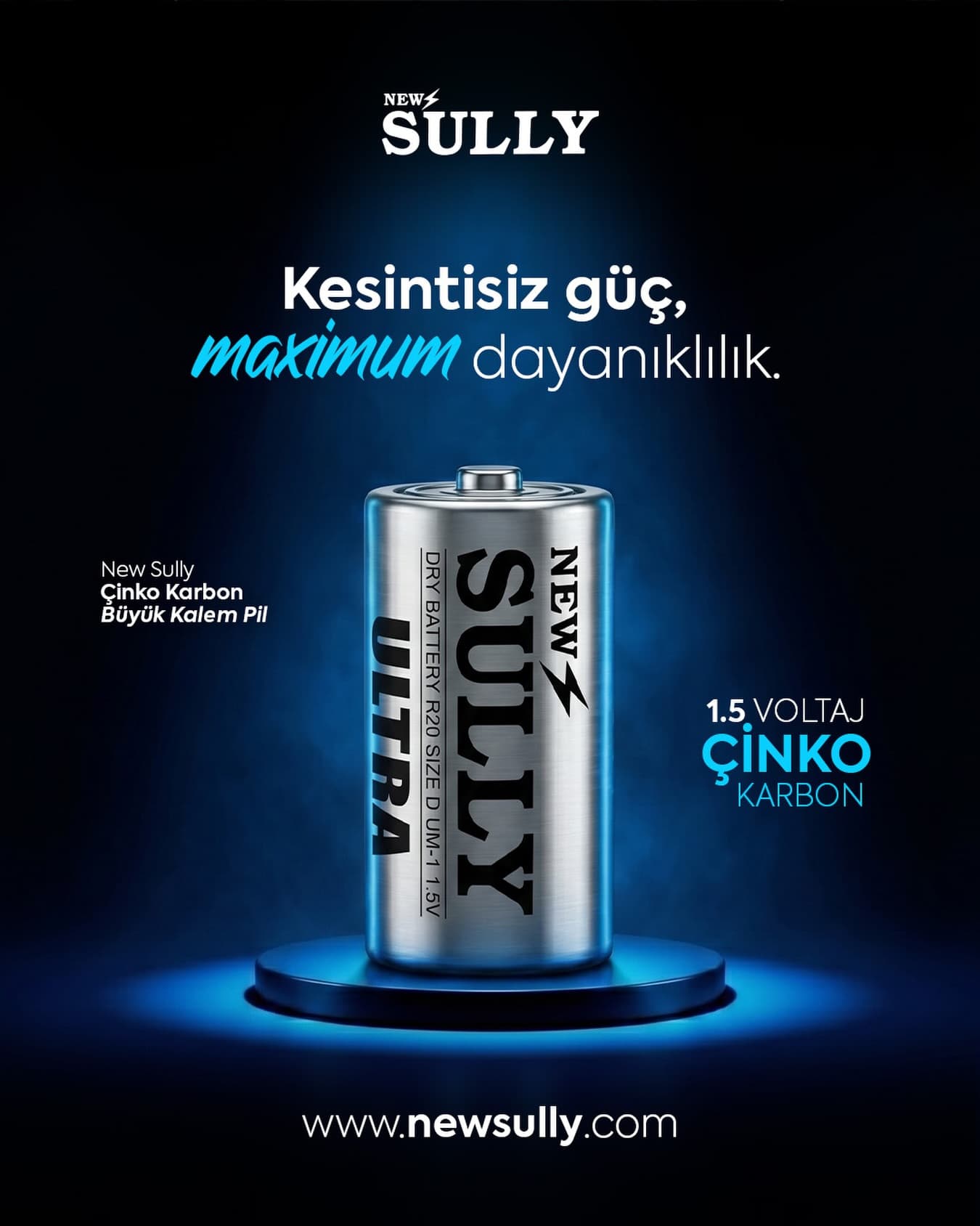 New Sully Ultra çinko karbon büyük kalem pil, 1,5 volt — “Kesintisiz güç, maximum dayanıklılık”